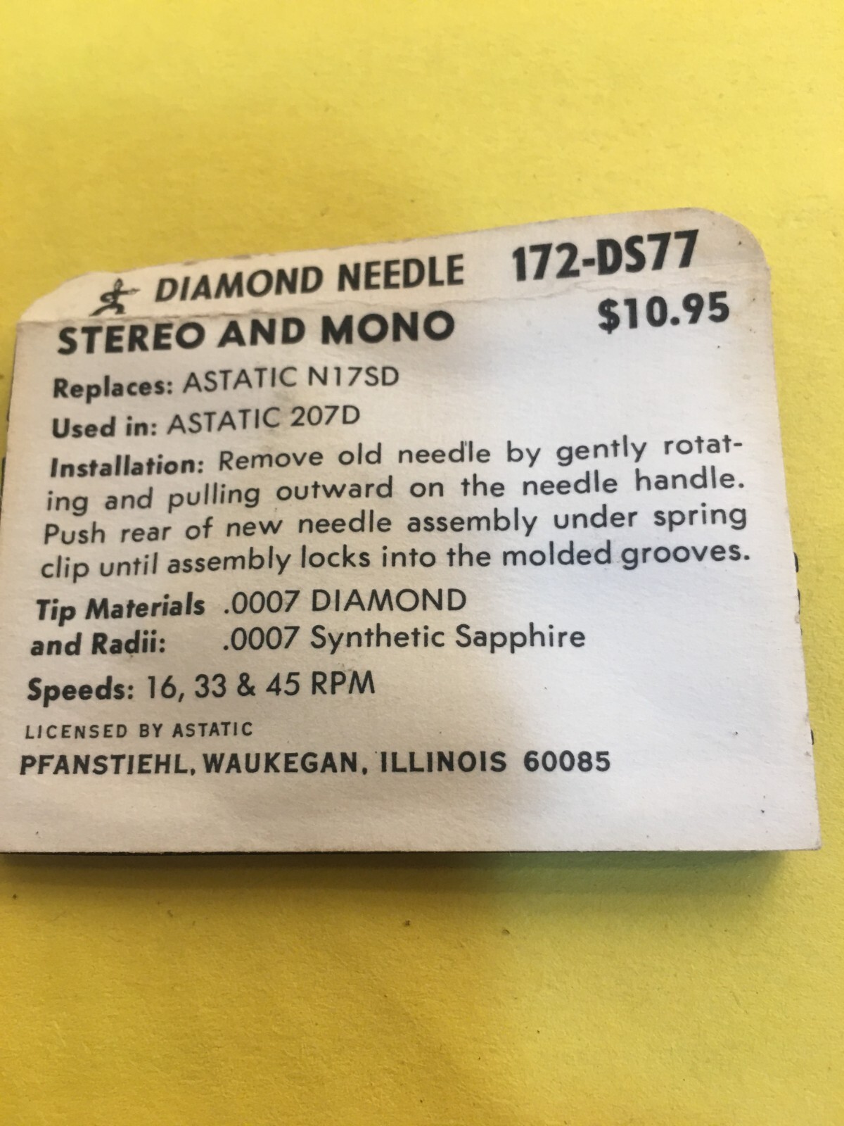Original NOS Pfanstiehl Needle Stylus 172-DS77 For ASTATIC N17SD 207D
