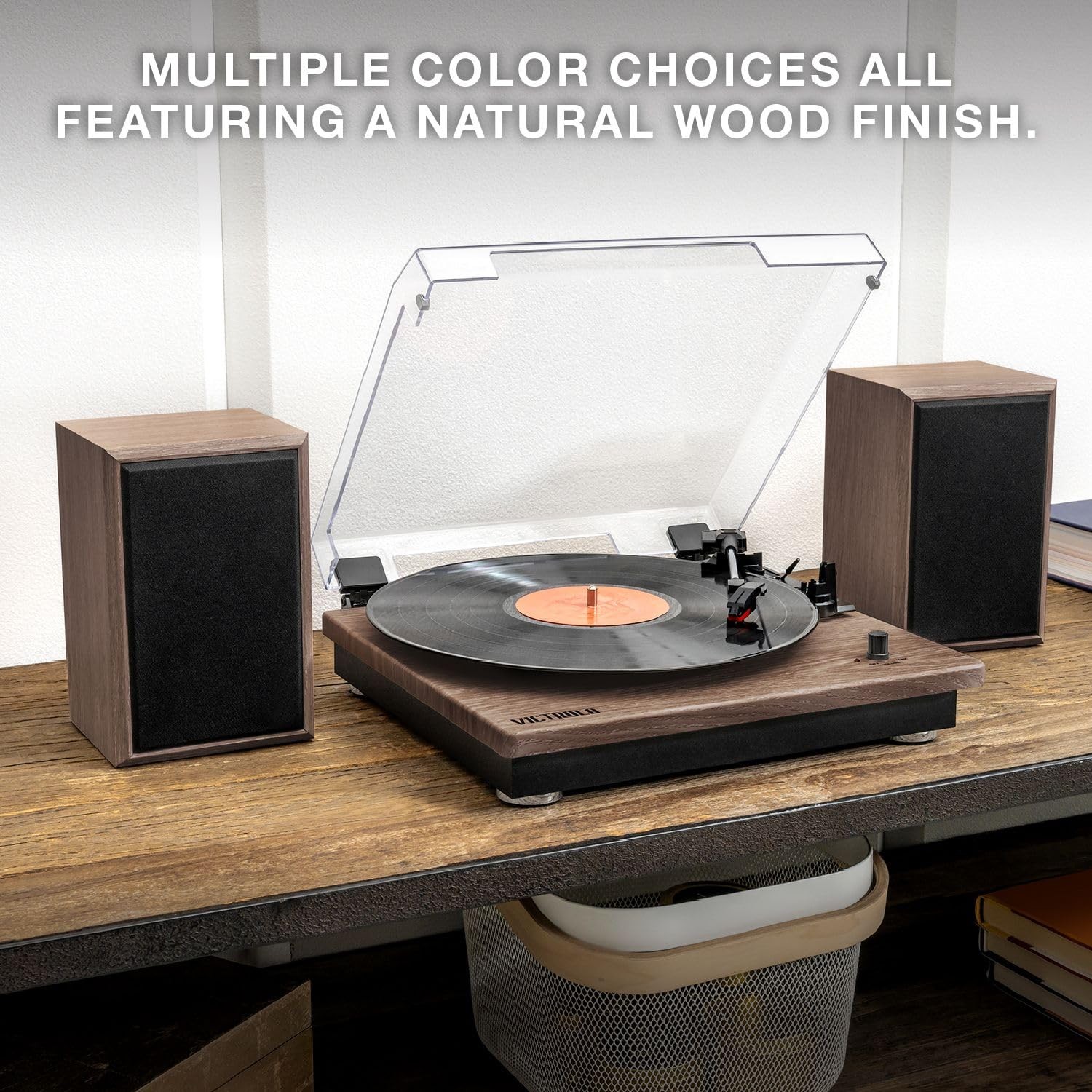 Victrola Montauk Vinyl Record Player, 3-Speed Belt Driven Black, Black