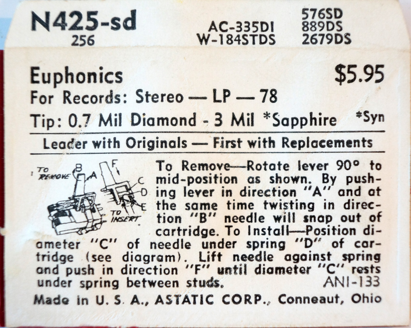 NOS Astatic Diamond Needle N425-sd for 576SD 889DS 2679DS AC-335DI W-184STDS