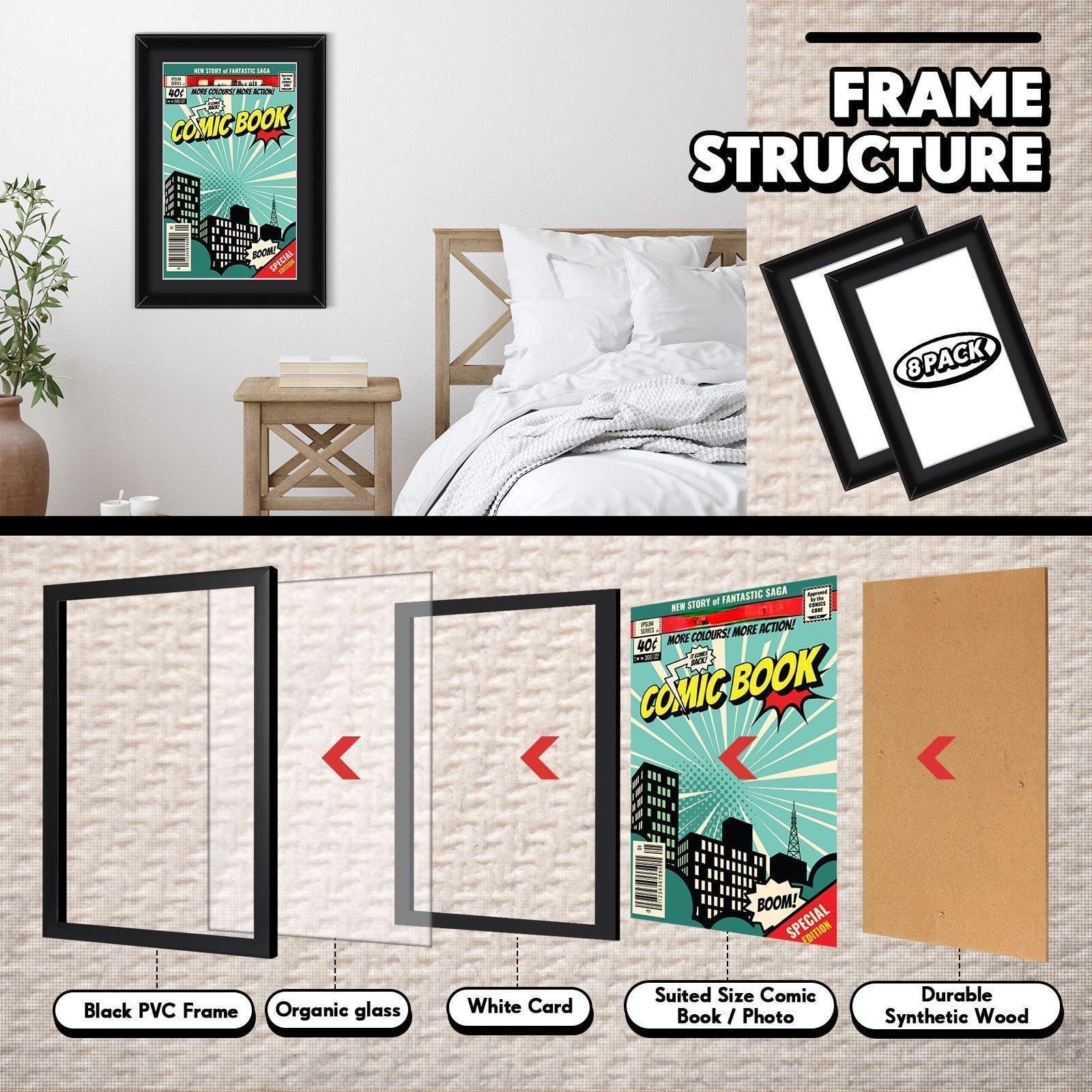 Geetery 8 Pack Comic Book Frame, UV Protection, Black (White Mat)