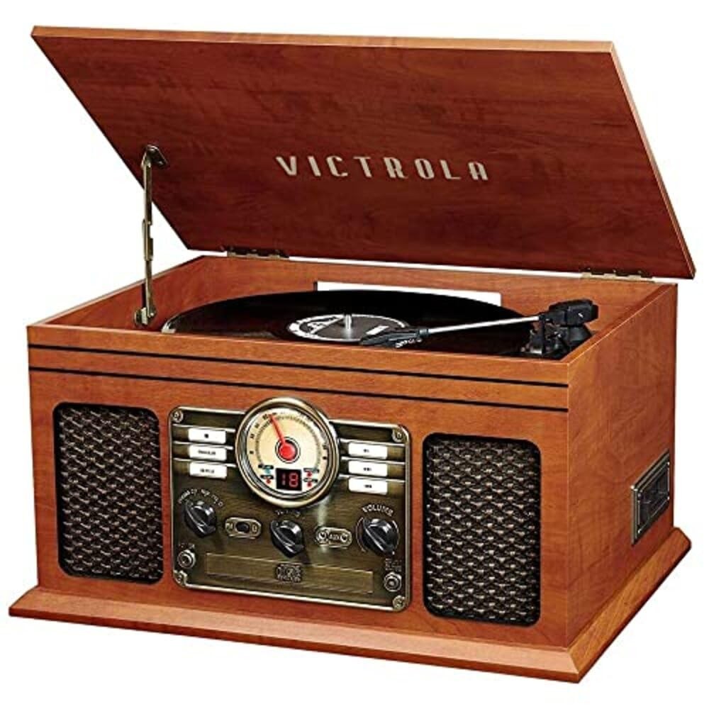 Victrola The Quincy 6-in-1 Bluetooth Record Player & Multimedia 1, Mahogany