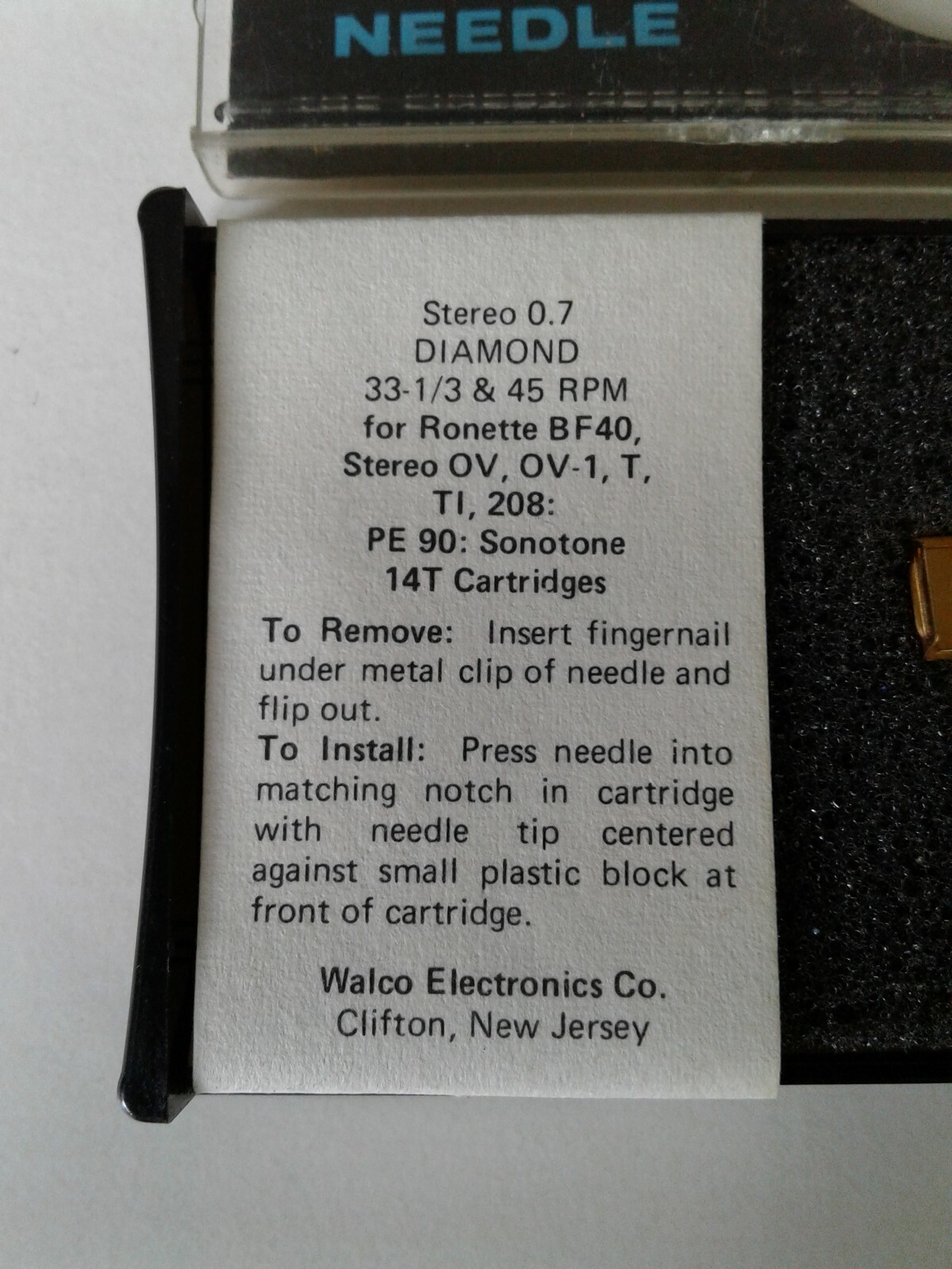 Walco 0.7 Mil Diamond Tip NOS Needle Stylus For Sonotone 14T Cartridge W-104STD