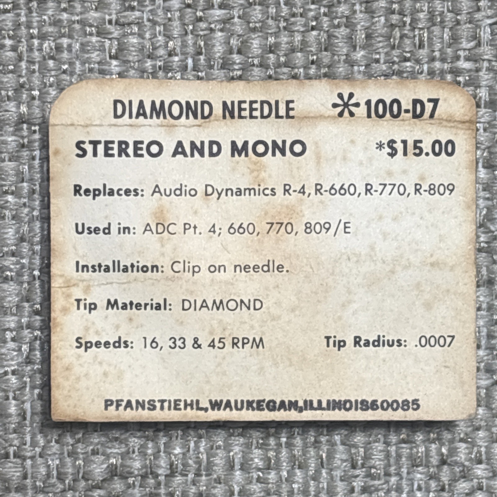 Pfanstiehl 100-D7 Diamond Stylus Replace AUDIO TEHCNICA R-4, R-660, R-770, R-809