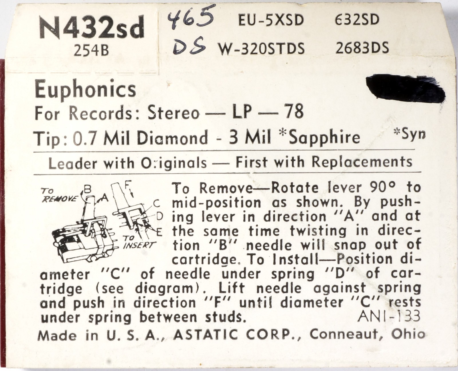 NOS Astatic N432-sd Diamond Needle Euphonics 253B 374 254B 375 254be