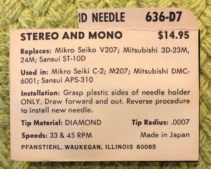 Japan NOS STYLUS Sansui ST-10D APS-310 V207 636-D7 Mitsubishi 3D-23M Seiko V207