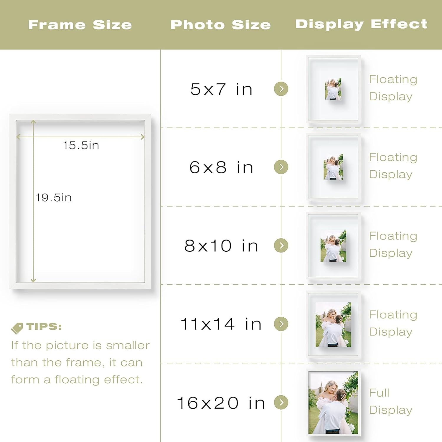 16×20 Floating Picture Frame – White Solid Wood Pressed Flower 16×20,