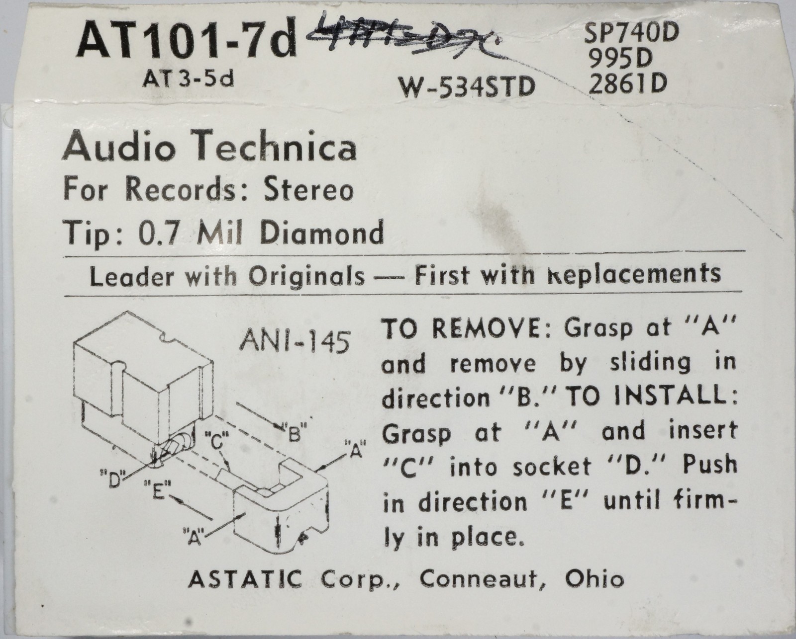 NOS Astatic NMR AT102-7d Diamond Stylus Needle for Audio Technica AT6-5d AT-6