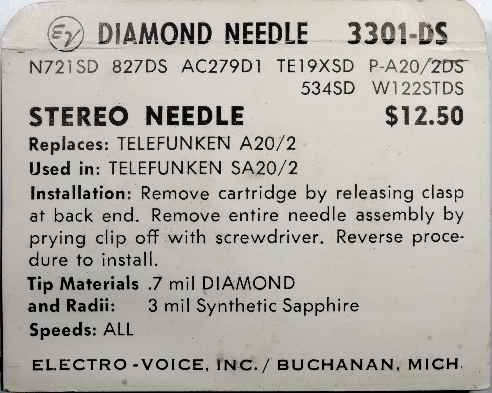 NOS Electro Voice EV 3301DS Needle for Telefunken A20/2 SA20/2