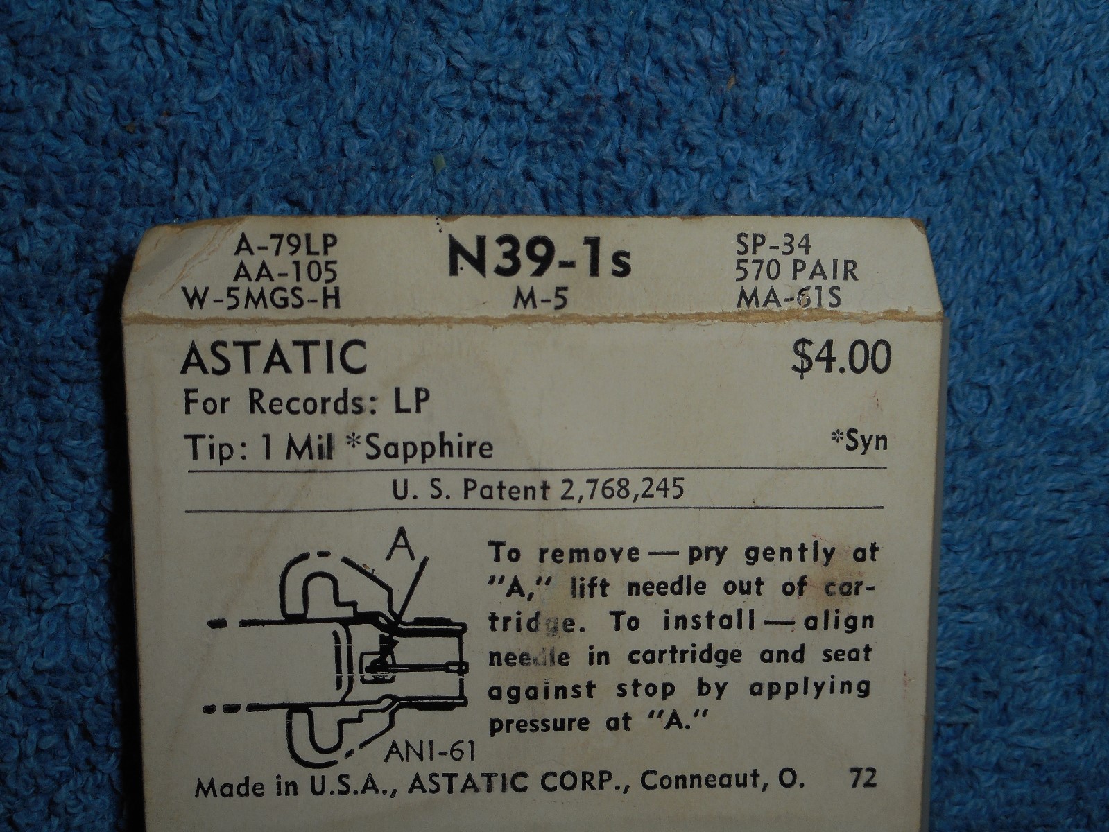 ASTATIC N39-1s Record Needle Stylus Replaces 570 A 79, AA 105, SP 34 New 2 Pack