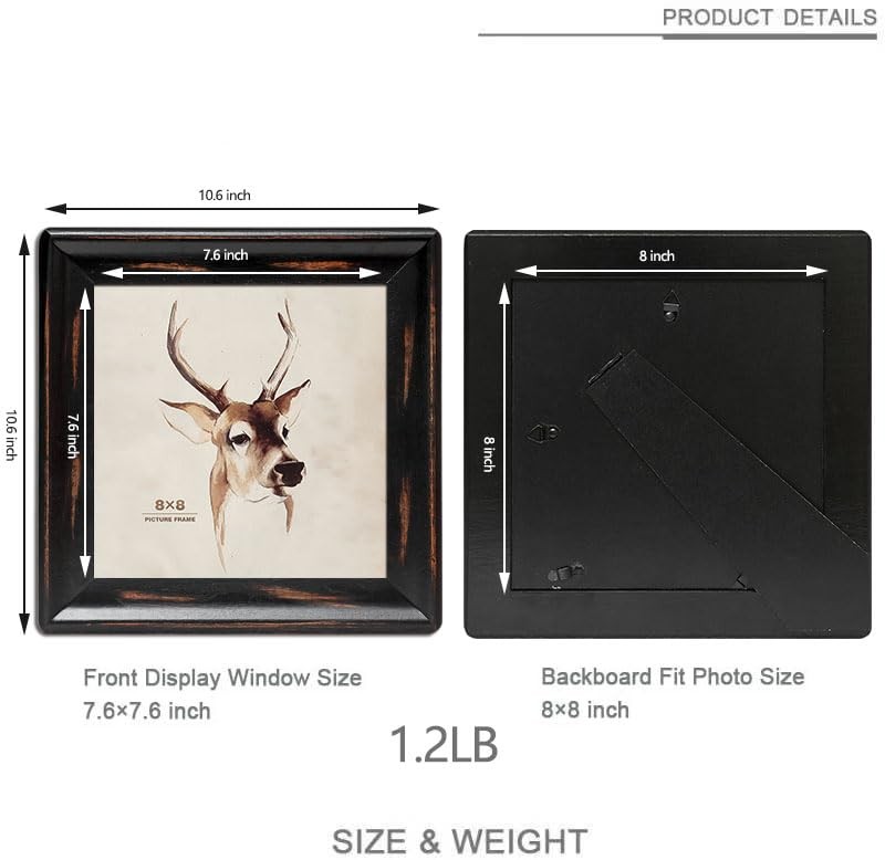 8×8 Wooden Picture Frames, Rustic Square Photo Frame Made 8 x 8 inch, Black