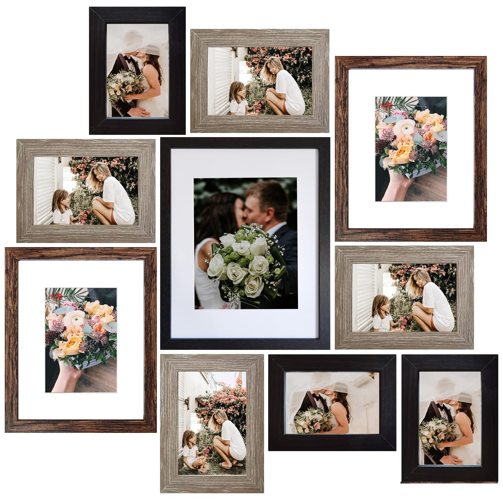 SESEAT Picture Frames Collage, Gallery 10Pcs, Black&Rustic Brown&Light Brown