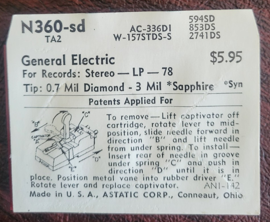 NOS ASTATIC N360-sd – 0.7 Mil Diamond, 3 Mil Sapphire Stylus – General Electric