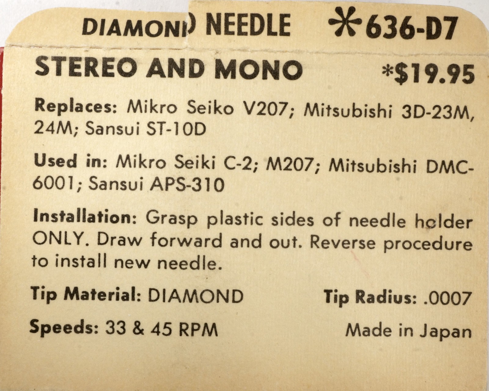 NOS Superb 636-D7 Diamond Needle Micro Seiki V207 Mistubishi 3D-23M Sansui ST-10