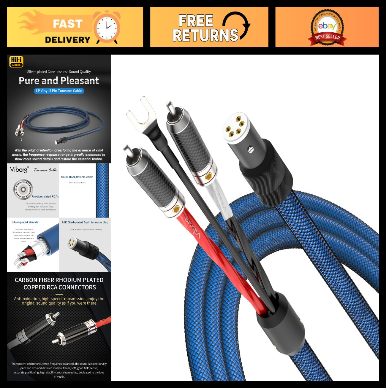 High-Quality 5N OFC Silver Plated Tonearm Cable 5 Pin DIN to 2 RCA Phono Wire 3.