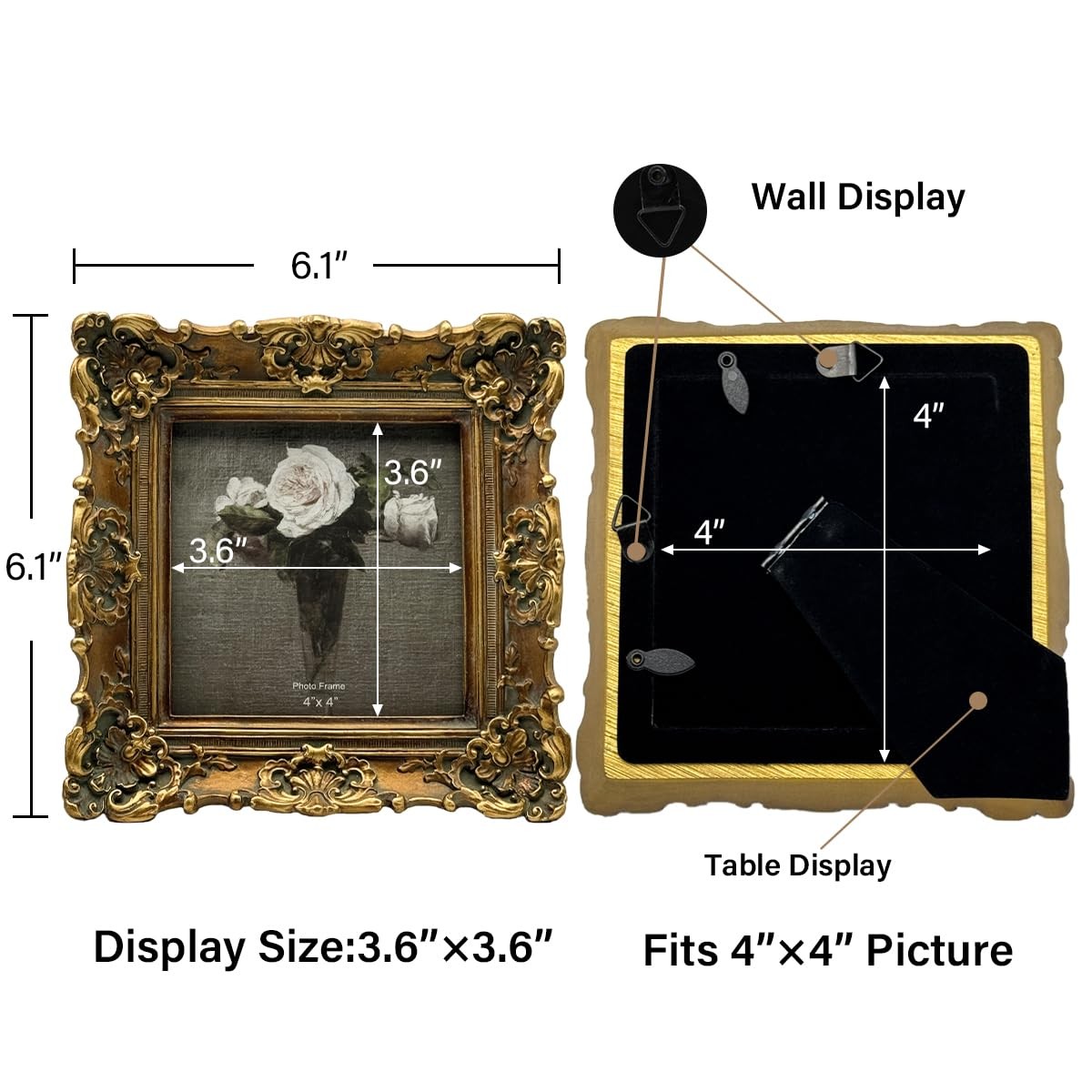 CISOO 4×4 Vintage Small Picture Frame, Antique Ornate Bronze Gold 4×4,