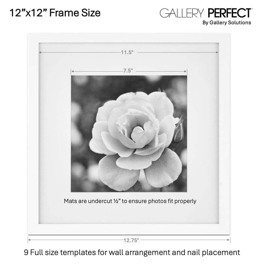 Gallery Perfect 12×12 Picture Frames, 9 Piece Set Matted to 8×8, White