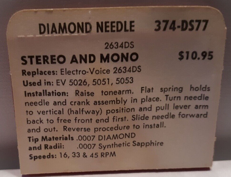 Superb diamond record need 374-DS77 replaces Electro-Voice 2634DS