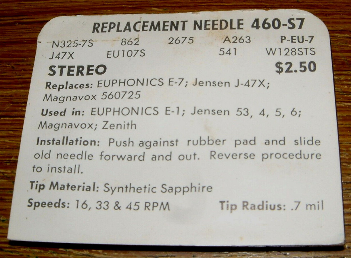 Phonograph Needle for Euphonics 180 E7 E1 E2 E3, J-47X N325-7s 2675 460-S7