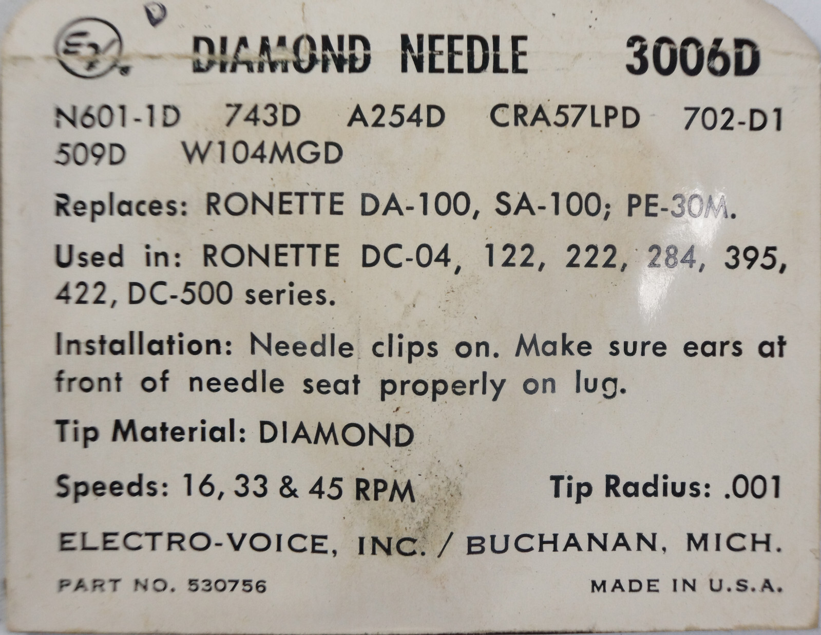 NOS Electro Voice EV 3006D Needle for RONETTE DA-100 SA-100 PE-30M DC-04 122 222