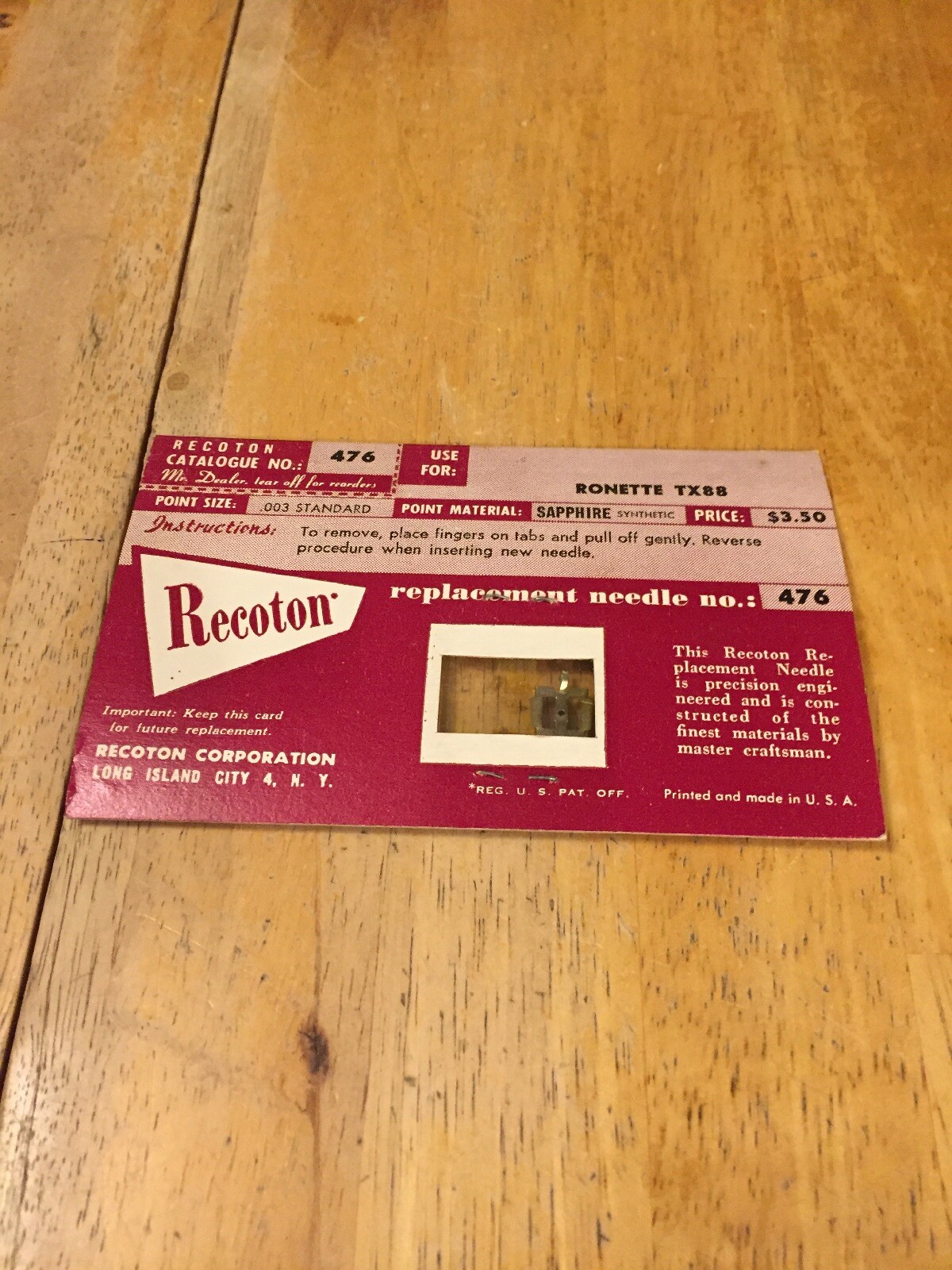 Recoton Sapphire Needle for Ronette TX88 Vintage NOS 476