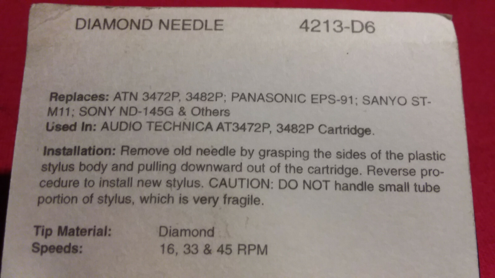 PFANSTIEHL4213-D6 STYLUS. USED IN AUDIOTECHNICA AT3472P,3482P, CARTRIDGES!!