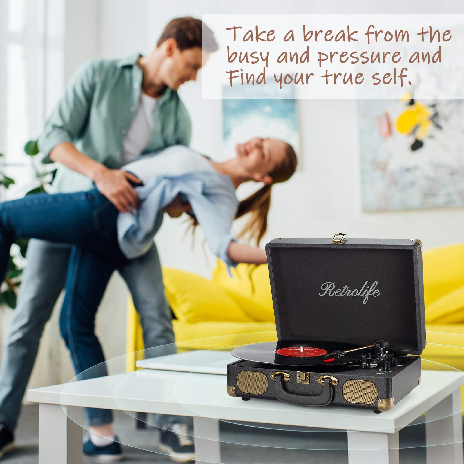 Vinyl Record Player 3-Speed Bluetooth Suitcase Portable Belt-Driven Black