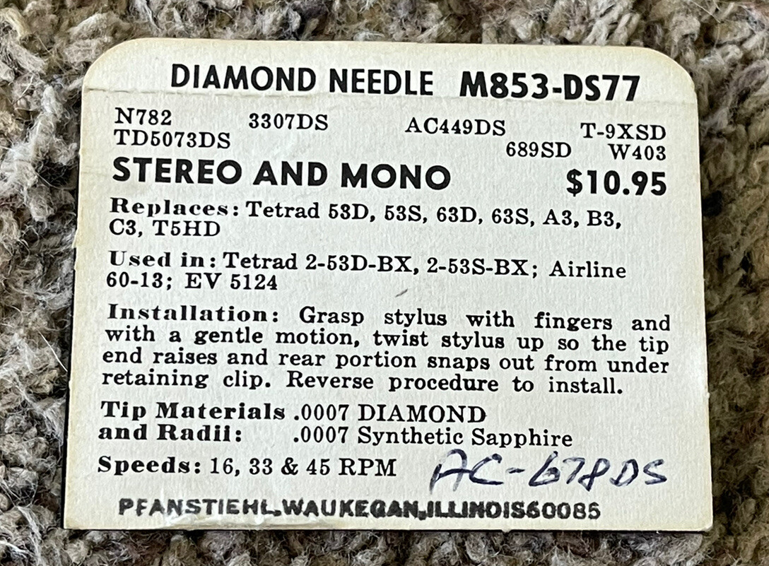 Pfanstiehl M853-DS77 Stylus Needle Cartridge Tetrad 53D 53S 63D 63S A3 B3 T5HD