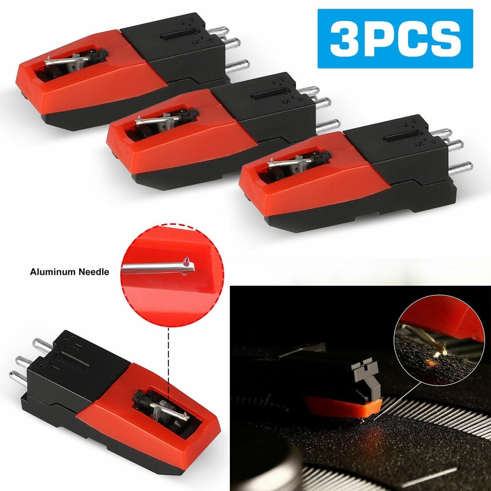 3Pcs Vinyl Turntable Cartridge with Needle Stylus for Vintage LP Record Player