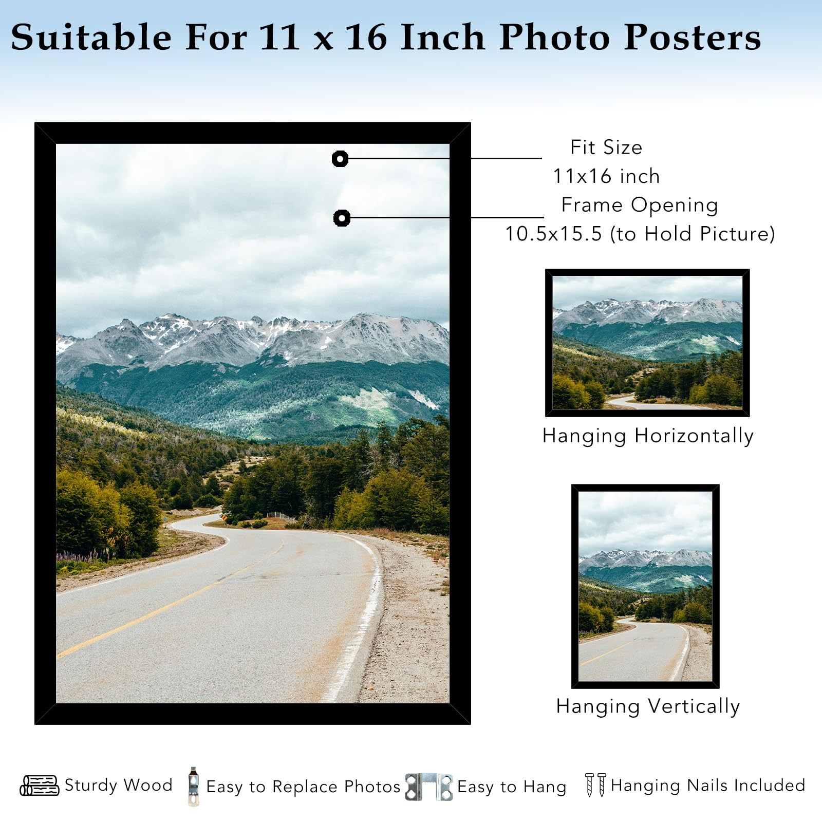 QOTIB 11×16 Picture Frame Black for Wall Hanging, Wood 11 x inch,