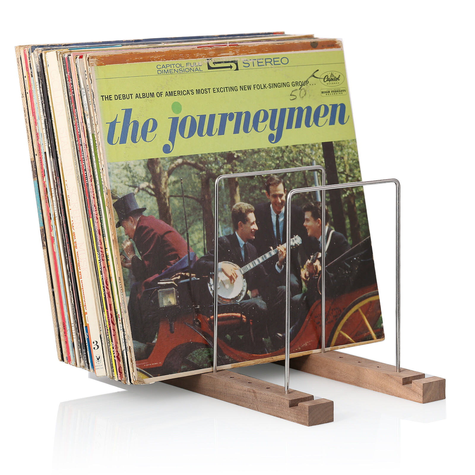50-60pcs LP Turntable Vinyl Record Storage Holder Wooden+Stainless Albums Stand