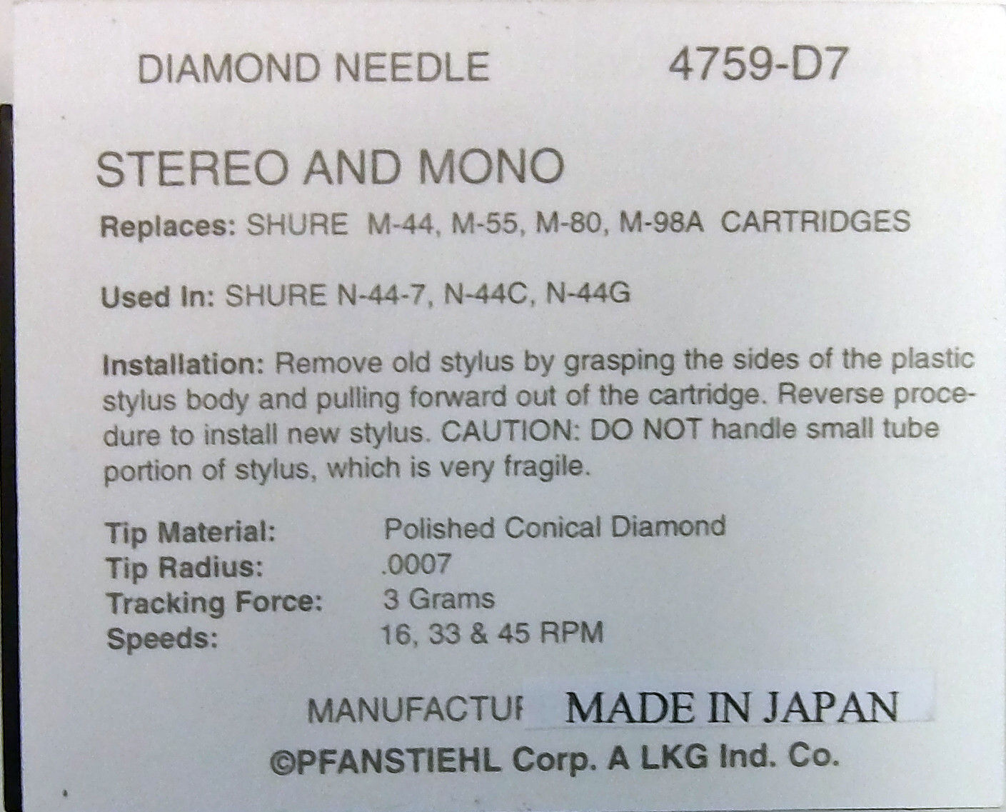 NEW NEEDLE STYLUS NEEDLE turntable for Shure Model M 44-7 759-D7 4759-D7