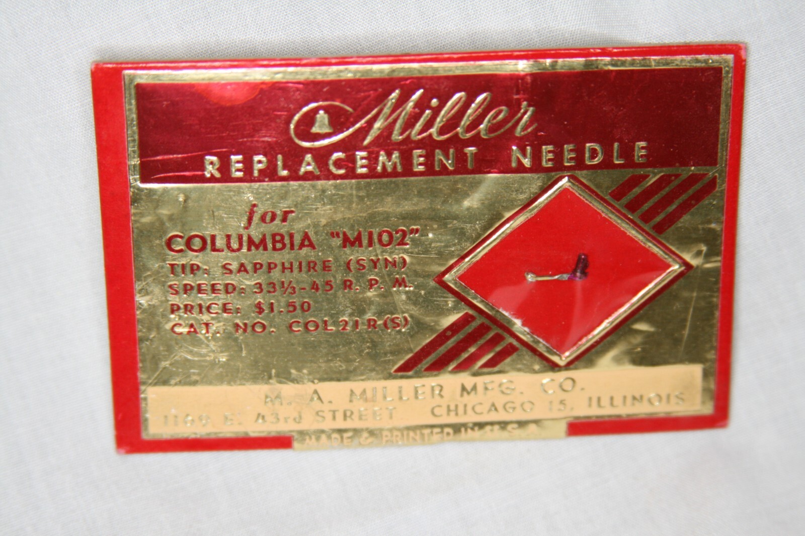 Vintage Miller COL21R Phonograph Needle for Columbia M102 NOS