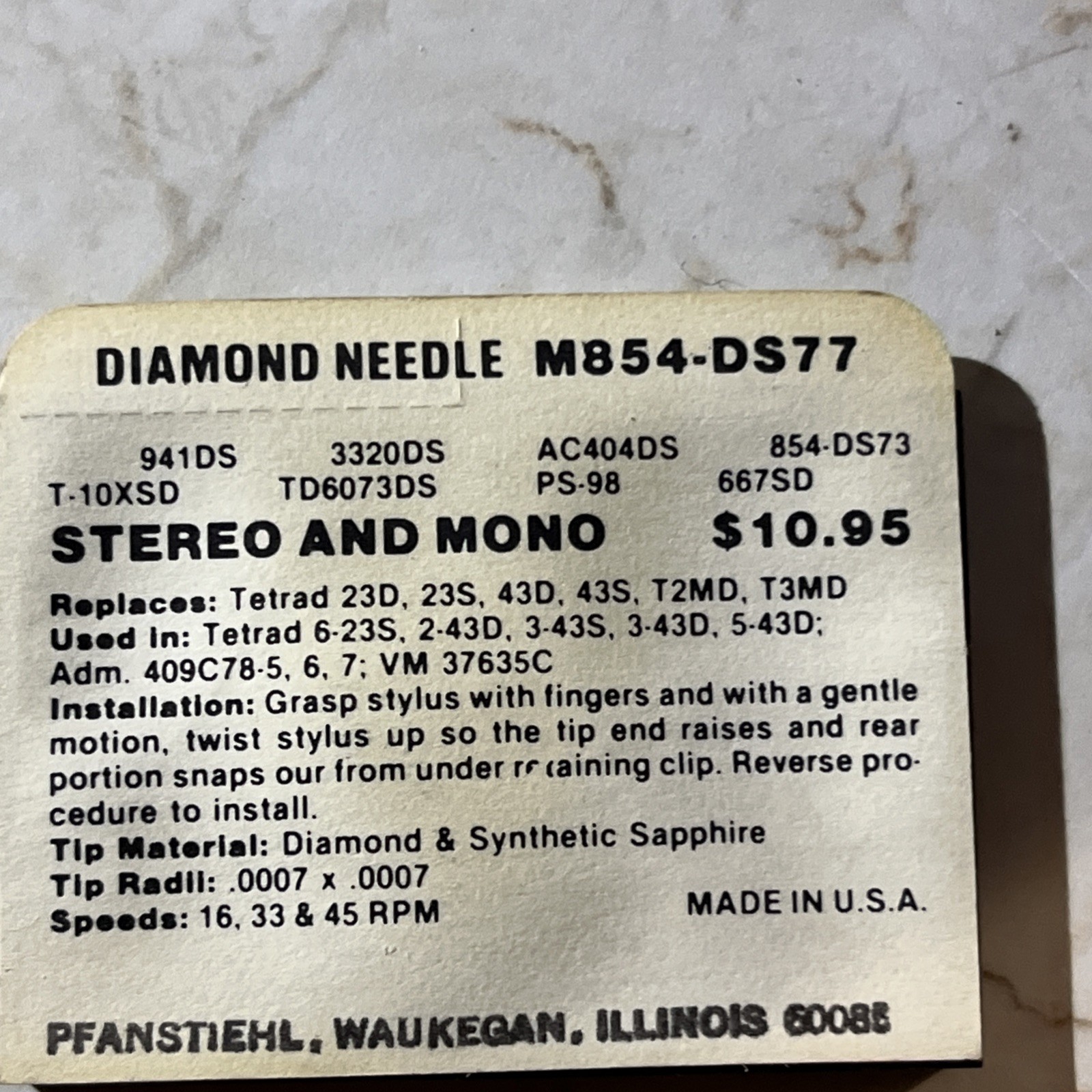 Phonograph NEEDLE STYLUS for Tetrad S853-DS77 S854-DS77 Pfanstiehl M854-DS77(NEW