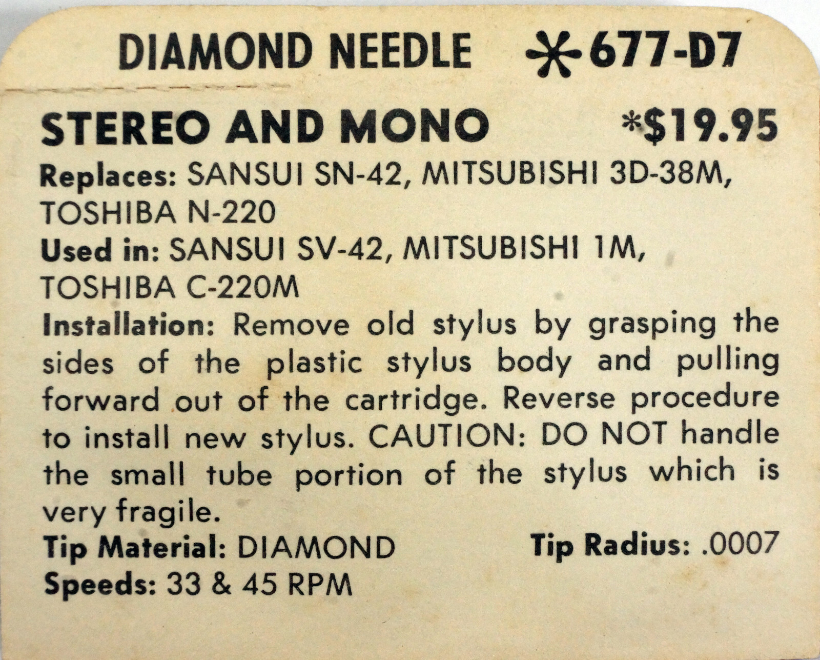 NOS Superb 677-D7 Diamond Needle for SANSUI SN-42 SV-42 MITSUBISHI 3D-38M 1M