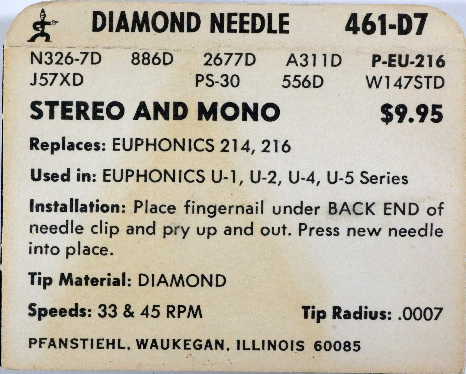 NOS Pfanstiehl 461-D7 Diamond Needle Euphonics 214 216 U-1 U-2 U-4 U-5 Series