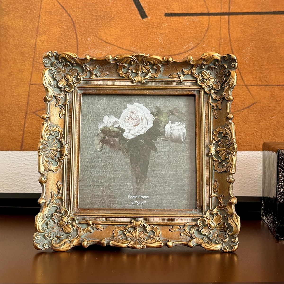 CISOO 4×4 Vintage Small Picture Frame, Antique Ornate Bronze Gold 4×4,