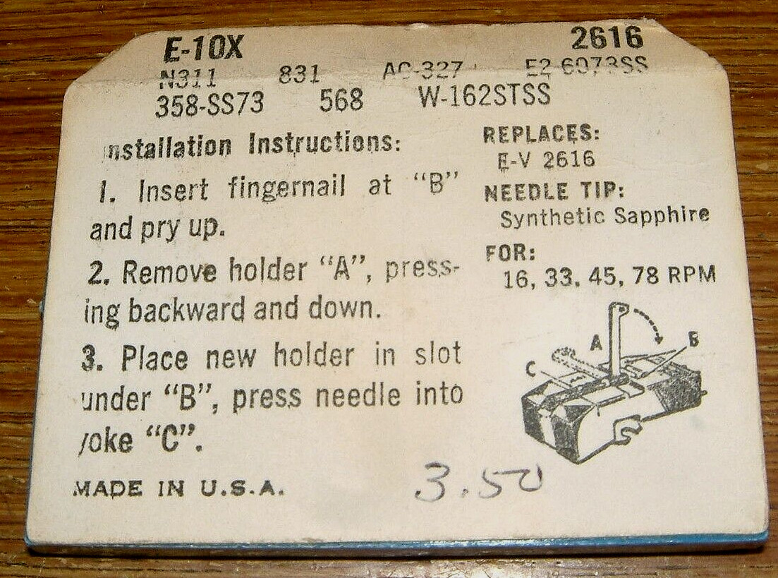 Stereo Record Needle EV2616 for EV 117D 131, MOTOROLA SK100-4, 831 N311 358-SS73
