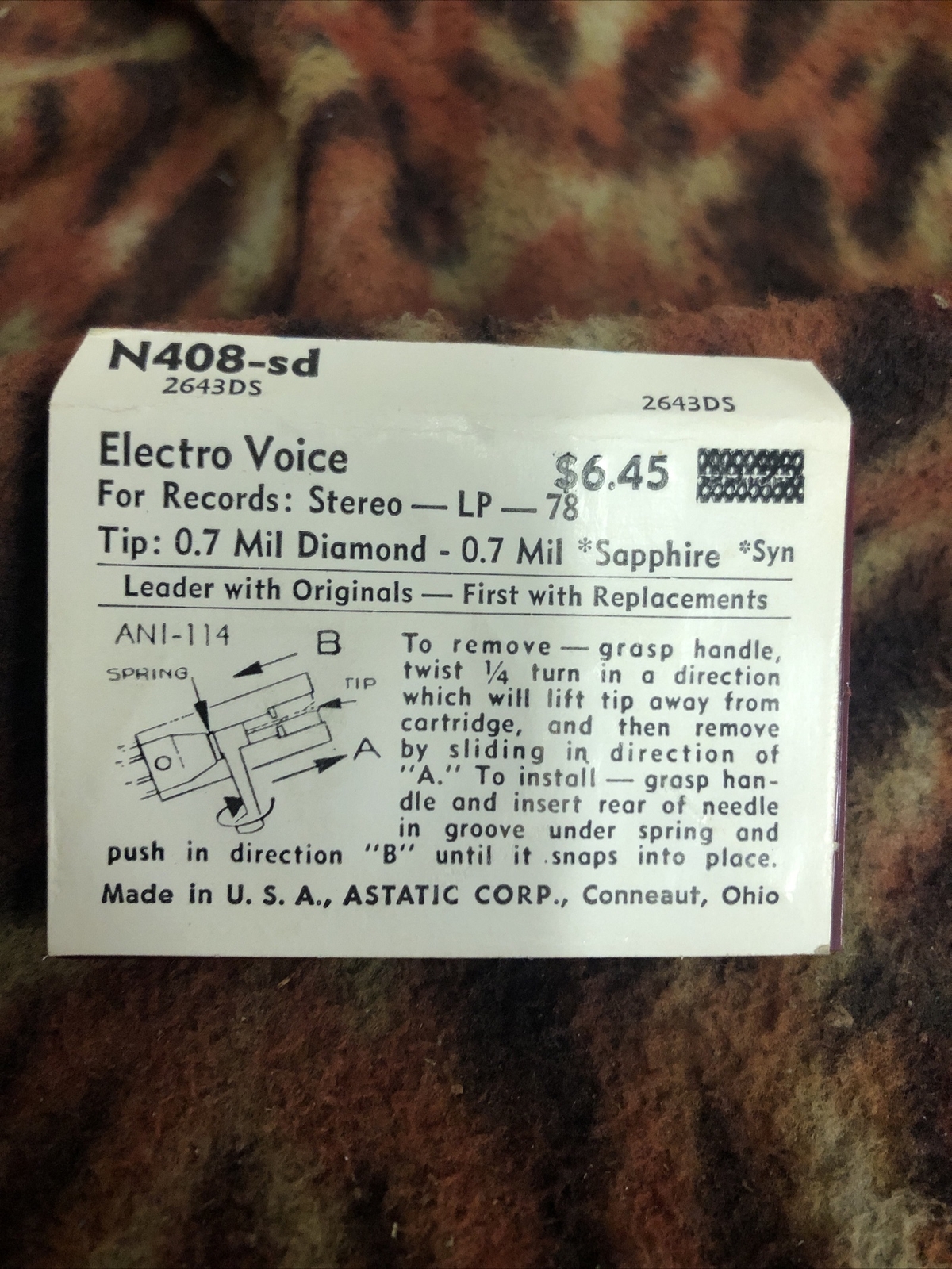 Astatic N408-sd Diamond Needle .7 Mil 3 Electro Voice Sapphire Stereo LP 78
