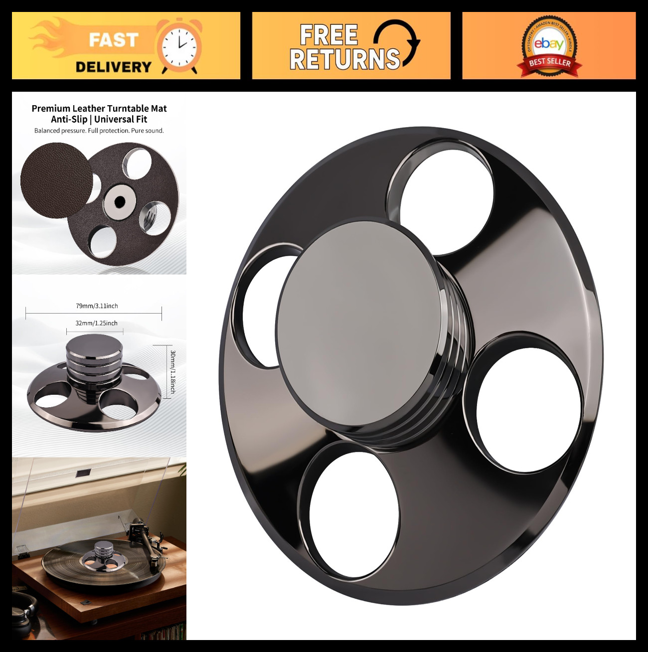 High-Density Copper Alloy Record Weight Stabilizer – Anti-Resonance, Leather Bas
