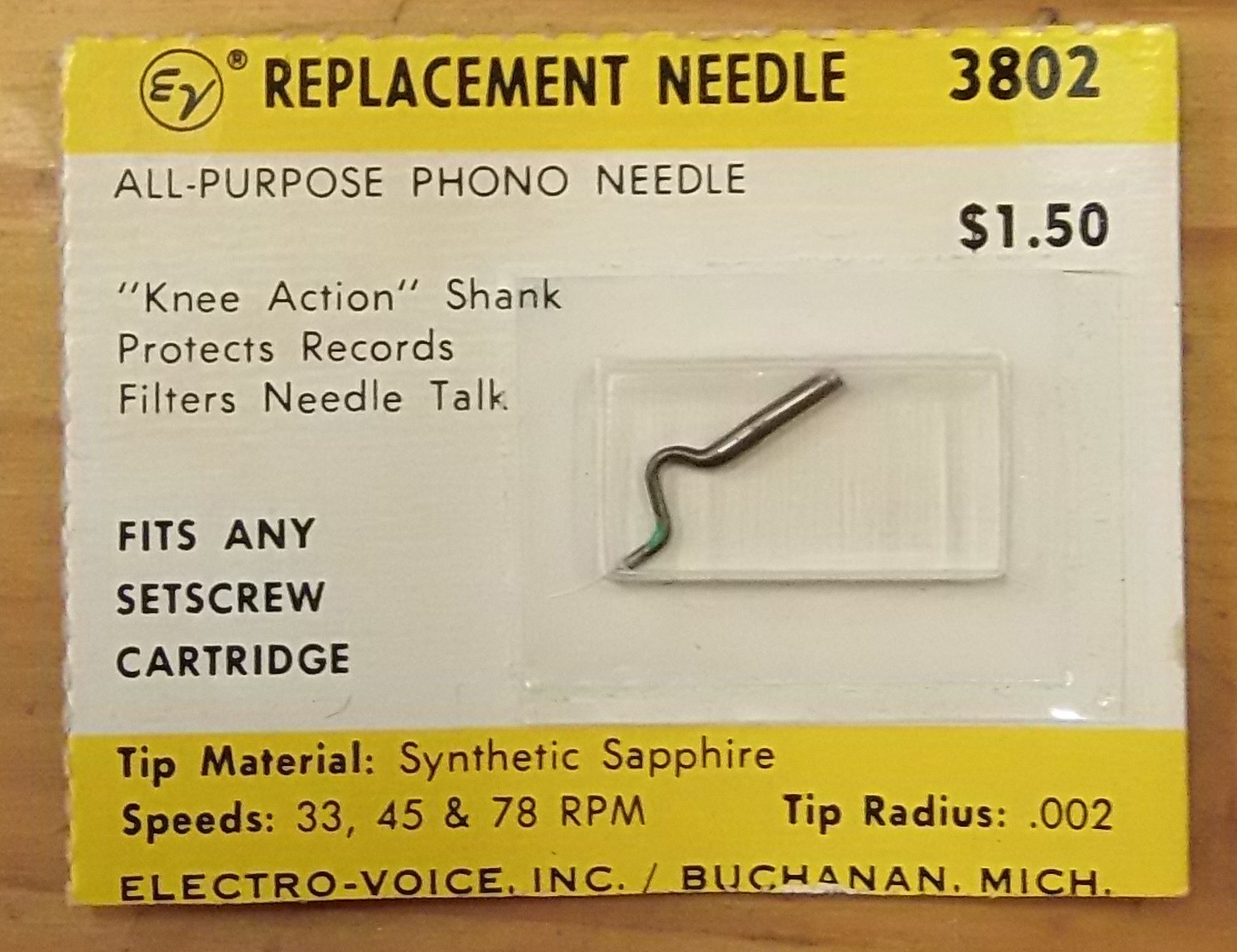 PHONOGRAPH NEEDLE 3802 ALL SPEED NEEDLE FOR SET-SCREW CRYSTAL CARTRIDGES BSS