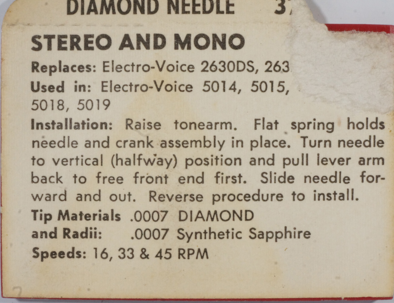 NOS SUPERB 371-DS77 Diamond Needle Electro Voice 2630DS 5014 5015 5018 5019