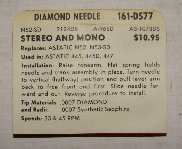 Electro-Voice 161-DS77 Phonograph Diamond Needle, (Stereo & Mono), NIB