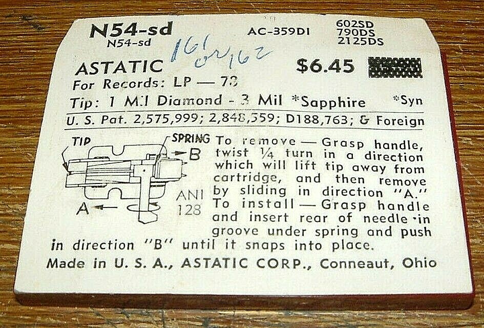 DIAMOND Phonograph NEEDLE 162-DS73 for Astatic 455 457 463, N54 W-313DS EV2125SD