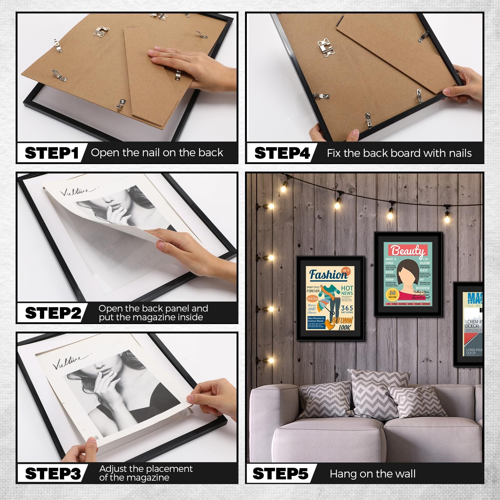 Geetery 8 Pcs Plastic Magazine Frames for Wall Fits Black (Black Mat)