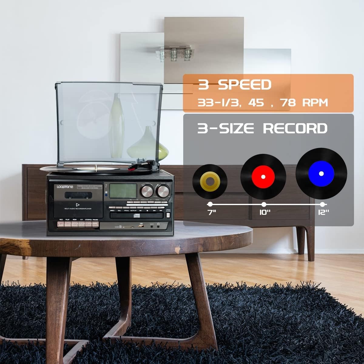 LoopTone Vinyl Record Player 9 in 1 3 Speed Bluetooth Vintage Turntable Black