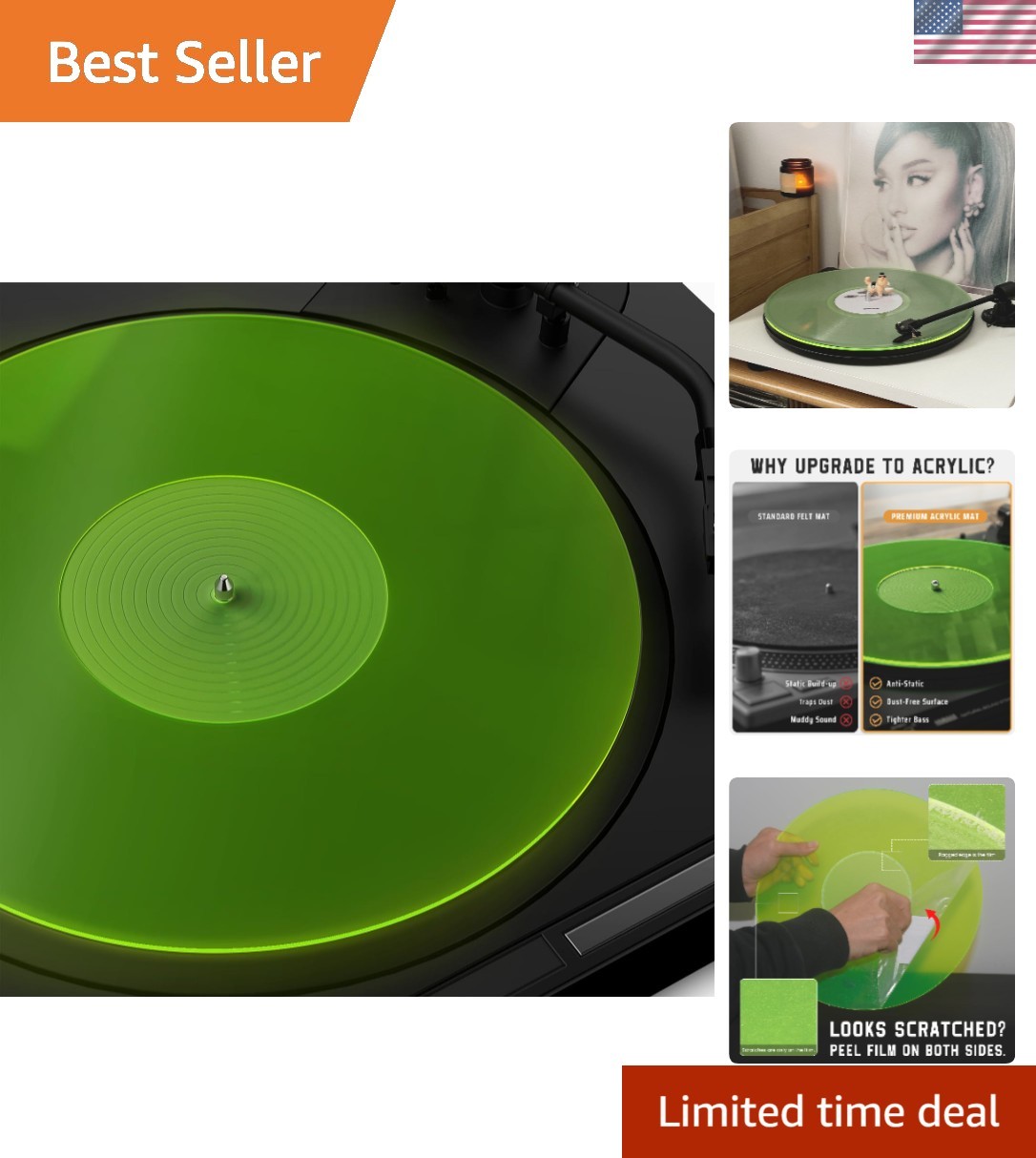 Universal Fit 12-Inch Acrylic Turntable Mat – Damping Vibration, Green Style