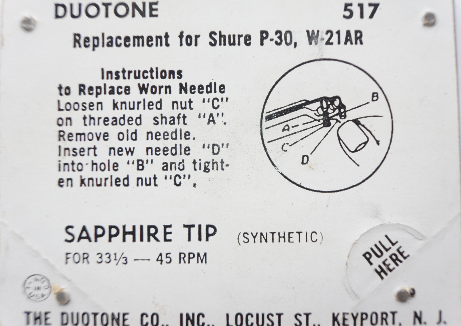 NOS Duotone 517 Phonograph Needle Stylus for SHURE P-30 W-21AR