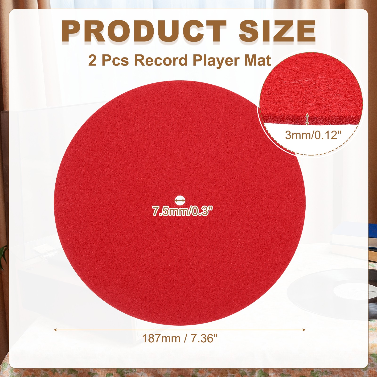 2 Pcs Record Player Mat, 7 Inch Turntable Mat 3mm Felt Turntable Pad, Red