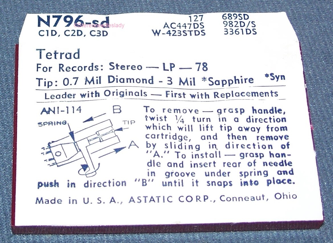 N796-sd STEREO RECORD NEEDLE for Tetrad C1D Tetrad C2D Tetrad C3D M853-DS73