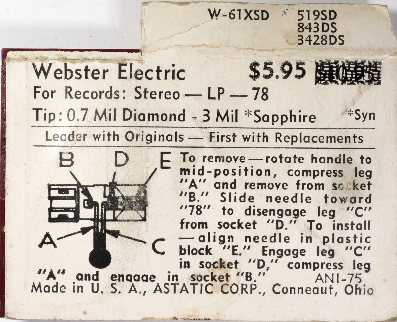 NOS Astatic N834-sd Diamond Needle Webster Electric WE-550D